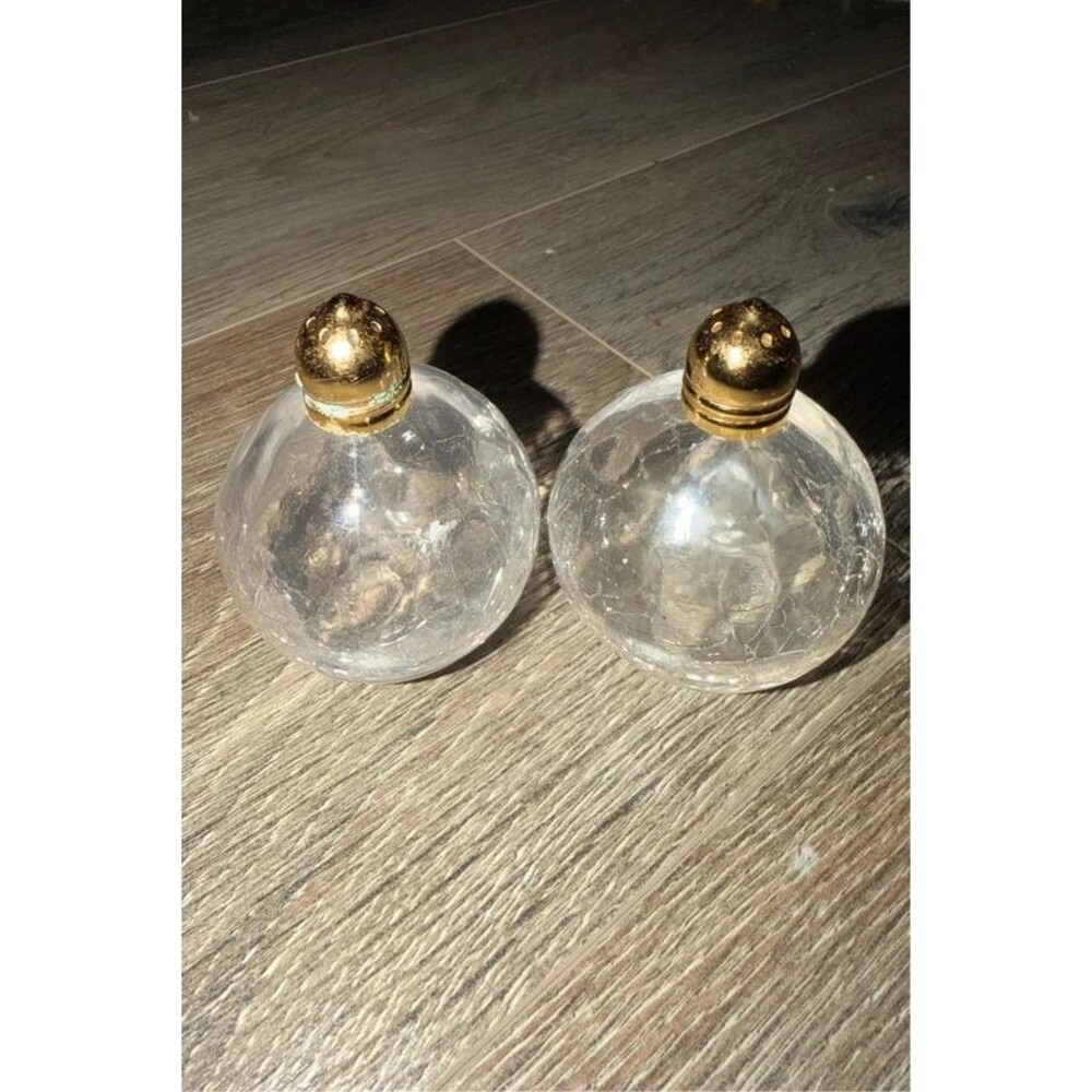 Vintage Clear Crackle Glass Salt & Pepper Shakers with Gold Lids
